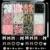 Resim 1 Set Tırnak Sanatı Dekorasyon Kit, Reçine Yay Şirinlik ve İnciler Karışık Boyutlarda, DIY Manikür Aksesuarları, Alkol İçermeyen Tırnak Sanatı Malzemeleri ile Depolama Kutusu 
