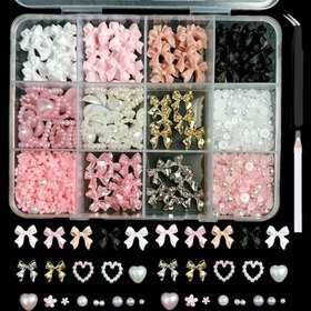 Resim 1 Set Tırnak Sanatı Dekorasyon Kit, Reçine Yay Şirinlik ve İnciler Karışık Boyutlarda, DIY Manikür Aksesuarları, Alkol İçermeyen Tırnak Sanatı Malzemeleri ile Depolama Kutusu 