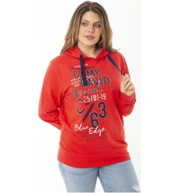 Resim Kadın Büyük Beden Kırmızı İki İplik Ön Baskılı Kapşonlu Sweatshirt 65n37161-lacivert Lacivert 