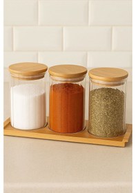 Resim Morponi Borosilikat Cam Bambu Stantlı Ve Bambu Kapaklı Optik Çizgili Baharatlık Seti 430 Ml Alg11520 Beyaz 