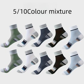 Resim 5 çift veya 10 çift erkek mid-calf çorap - şık çizgili spor çoraplar, polyester karışımı, makinede yıkanabilir, elde yıkanabilir, örgü kumaş, ilkbahar, yaz ve sonbahar için uygun, günlük çorap | şık çizgili çoraplar | örgü dokulu, sevimli çoraplar 