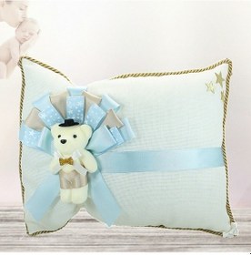 Resim Süslebabypartystore Takı Yastığı, Keten Kumaş Mavi & Altın Mavi - Gold 