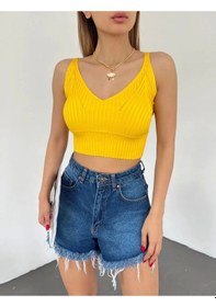 Resim Saklımoda V Yaka Askılı Crop Triko Büstiyer Sarı - Df2202 Çok Renkli 