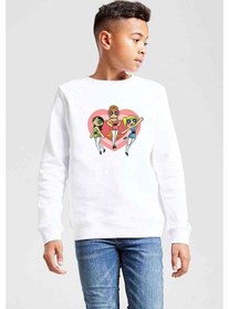 Resim Powerpuff Girls Heart Baskılı Unisex Çocuk Beyaz Sweatshirt Beyaz 