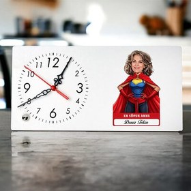Resim Kişiye Özel En Süper Anne Karikatürlü Masa Saati 