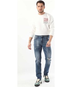 Resim Erkek Dizi Yırtık Boyalı Jean Pantolon Mavi 001 