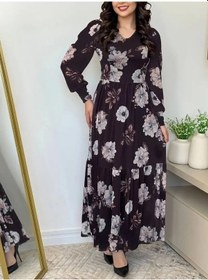 Resim Hazego Kadın Uzun Kollu V Yakalı Çiçek Desenli Maxi Süprem Elbise Siyah 