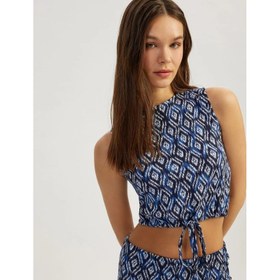 Resim Koton Desenli Bisiklet Yaka Bağcık Detaylı Kolsuz Kadın Crop T-shirt 5SAL30006IK (5SAL30006IK) 