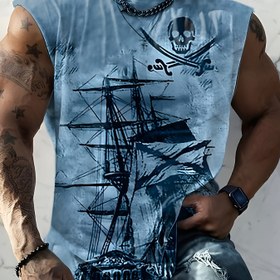 Resim Erkekler için Büyük Beden Korsan Gemisi Grafikli Atlet - Nefes Alabilen Polyester, Sokak Stili Kolsuz Gömlek Yaz için, BÜYÜK BEDEN 