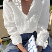 Resim Kadınlar için Şık Beyaz Polyester Günlük Gömlek - Çok Yönlü Uzun Kollu, Düğmeli Bluz, Kaburga Manşet ve Etek Detaylı, İlkbahar/Sonbahar Gezileri için Mükemmel 