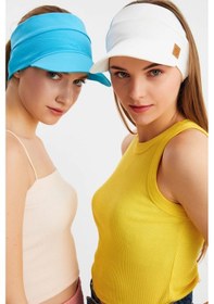 Resim Uv Korumalı Katlanır Üstü Açık Yumuşak Siperli %100 Pamuklu Penye Tenis Vizör Şapka 2'li Set - Tek Ebat / Beyaz - Aqua Beyaz - Aqua 