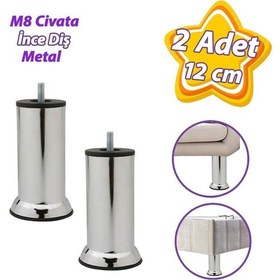 Resim 2 Adet Metal Destek Ayağı 12 Cm Krom Mobilya Kanepe Baza Koltuk Ünite Ayakları Metrik 8 Civatalı İnce Diş 