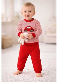 Resim Kabartma Araba Baskılı Bebek Takım Alt Üst %100 Pamuk Kırmızı 