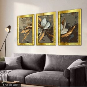 Resim Evinemoda Yağlı Boya Görünümlü Gold Yapraklı Çiçek 3 Parça Gold Pleksi Aynalı Tablo 