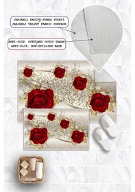 Resim Dijital Baskı Gül Desen Kaymaz Taban 2li Set Banyo Paspası Klozet Takımı 50x60cm-60x100cm Krem 