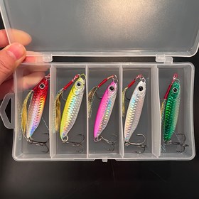 Resim Kutu Başına 5 Adet Balıkçılık Yemi Metal Jig 7g/10g/15g/20g/25g/30g Yavaş Jigleme Tuzlu Su Yapay Yem Üçlü Kanca ile 