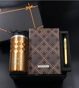 Resim Kişiye Özel Gold Geometrik Termos & Gold Kareli Defter & Gold Kalem - Ofis Hediye Seti 