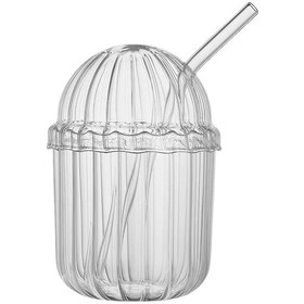 Resim 500ml Cam Kapaklı Pipetli Bardak, Kalın Çizgi Desenli Sıcak Soğuk İçecekler İçin Kahve Meyve Suları, Çayları İçin Brokosilikat Bpa İçermeyen Sağlıklı Ergonomik Şık Tasarım Aeropress 