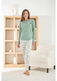 Resim Pijamoni Kadın Berlin Kumaş Bisiklet Yaka Yeşil Pijama Takımı - 8811 Yeşil 