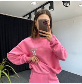 Resim M Melbourne Eşofman Takımı Sweatshirt Jogger - Pembe Baskılı Oversize Şardonlu Bisiklet Yaka Pembe 