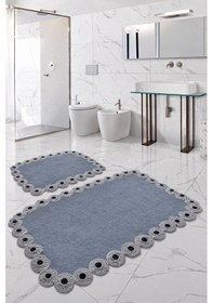 Resim Gülruba Köşeli Koyu Gri Çeyizlik Dantelli 2'li Banyo Paspası Seti Kaymaz Tabanlı Klozet Takımı Gri 