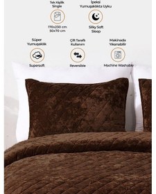 Resim Evlen Home Kapitone Kadife Yatak Örtüsü Seti Tek Kişilik Supersoft 2 Parça Yumuşak Elyaf Dolgulu Koyu Kahve Koyu Kahverengi 