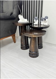 Resim AYLESA Doğal Ahşap 3’lü Set Mantar Yan Sehpa Modern Koyu Ceviz Renk Fiskos Zigon Çiçeklik 