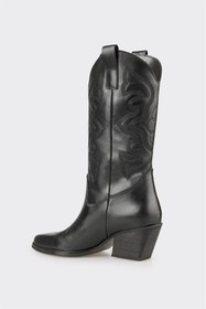 Resim Elle Siyah Deri Kadın Western Çizme 