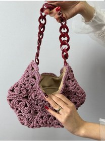 Resim El Örgüsü Çiçekli Kadın El Çantası 30x27 Cm Pembe 