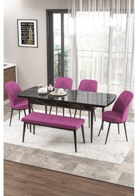 Resim Canisa Concept Zen Serisi 80x132 Mdf Açılabilir Siyah Mermer Desen Masa Takımı 4 Mor Sandalye Ve 1 Bench Masa Siyah Mermer Sandalye Ve Bench Mor 