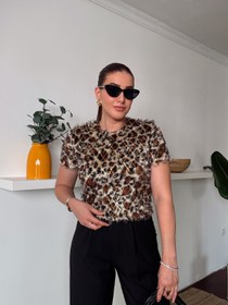 Resim Leopar desen sakal kumaş Simli Bluz Kahve - L 