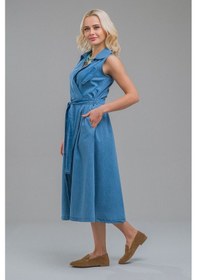 Resim Bold & Young Kadın İndigo Kruvaze Kuşaklı Yırtmaçlı Maxi Boy Cepli Erkek Yaka Kot Elbise Açık Mavi 