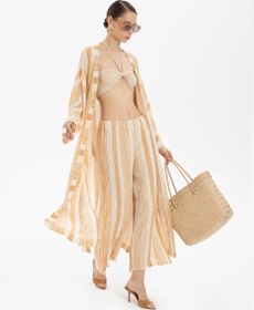 Resim Çizgili Etamin Dokulu Kimono - Hardal / Standart 