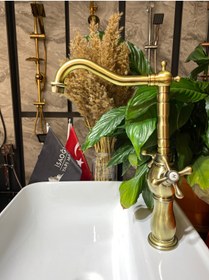 Resim İSAOĞLU YAPI Mat Gold Mutfak Bataryası Antik Gold Evye Musluğu Antik Rustik Batarya Aç Kapa Sistem 