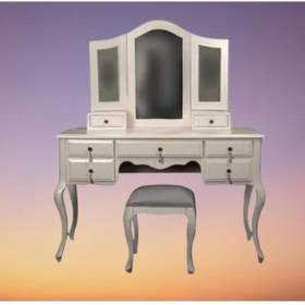 Resim BENGİ TİCARET Makyaj Masa 18584 Dresuar puf 7Çekm Kayın aslan ayak Beyaz Lake yan açılır ayna 