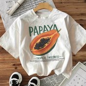 Resim Kadınlar için rahat 'Papaya Tropikal Tatlılığı' grafik tişört - Kısa Kollu, Yuvarlak Yaka, Canlı Papaya Deseni, Tüm Mevsimler İçin Üst, Günlük Giyim|Tropikal Baskı|Kısa Kollu Gömlek 