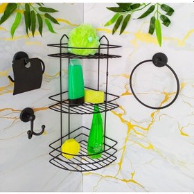 Resim Yapışkanlı Banyo Seti 3,lü Eko Banyo Köşeliği Yuvarlak Havluluk Tuvalet Kağıtlığı Bornozluk Siyah 