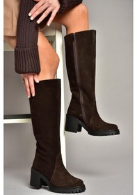 Resim R654047702 Kahverengi Hakiki Deri Süet Kalın Topuklu Kadın Çizme Kahverengi-süet Kahverengi 
