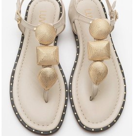 Resim Luvishoes Luvi Shoes Helen Bej Hakiki Deri Parmak Arası Gold Tokalı Kadın Sandalet Bej 