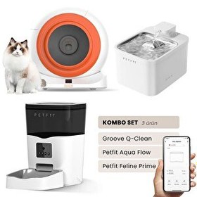 Resim Groove Q-Clean Otomatik Kedi Tuvaleti Turuncu - Petfit Aqua Flow Akıllı Su Pınarı Çeşmesi - Petfit Feline Prime Otomatik Mama Kabı 