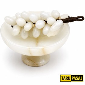 Resim Feng Shui Bereket Üzümü ve Van Taşı Ayaklı Çanak Seti | 30 Taneli Doğal Taş Üzüm Salkımı Dekor - 5 İnç El Yapımı Çanak - kahve 