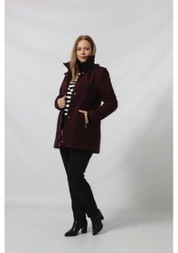 Resim Moda Berray Önü Fermuarlı Ve Düğme Detaylı Kapüşonlu Kaşe Kaban Bordo 