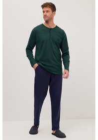 Resim Tudors Erkek Standart Fit Normal Kesim %100 Pamuk Bisiklet Yaka Beli Lastikli Lacivert Pijama Takımı-37945 Lacivert 