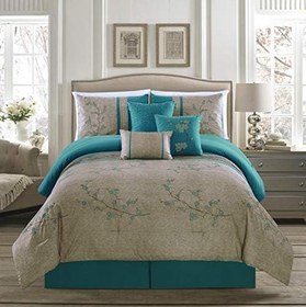 Resim Chezmoi Collection Noriko Lüks 7 Parça Cam Göbeği Kiraz Çiçekleri Çiçek İşlemeli Yatak Yorgan Seti, Queen 