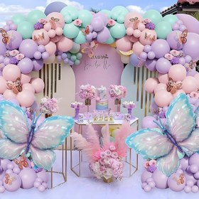 Resim Mor ve Pembe Renklerdeki 171 Parça Mavi Kelebek Temalı Balon Seti, Düğün ve Doğum Günü Partisi Süsleme İhtiyaçları İçin Uygun 