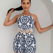 Resim Yüksek Bel Şortlu Set - Kolsuz, Püskül Detayı, Bahar/Yaz için Mükemmel, Şık Mavi ve Beyaz Çiçek Desenli Halter Yaka Mini Elbise 