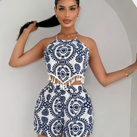 Resim Yüksek Bel Şortlu Set - Kolsuz, Püskül Detayı, Bahar/Yaz için Mükemmel, Şık Mavi ve Beyaz Çiçek Desenli Halter Yaka Mini Elbise 