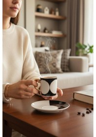 Resim 6 Kişilik Altın Yaldızlı Geometrik Türk Kahvesi Fincanı - 90 Ml Diğer 