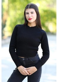 Resim Kadın Siyah Fitilli Crop Triko Kazak Kısa Model Akrilik Kumaş Ribanalı - 3122 Siyah 