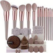 Resim Premium Yumuşak Taşınabilir Çanta ile Lüks 20/33 Parça Altın Makyaj Fırça Seti, Yüksek Kaliteli Pembe Tonlu Kozmetik Araçlar, Dayanıklı Polyester Kıllar, Metal Saplar, Kokusuz, Tüm Cilt Tipleri İçin Uygun, Avuç Fırça Formu 
